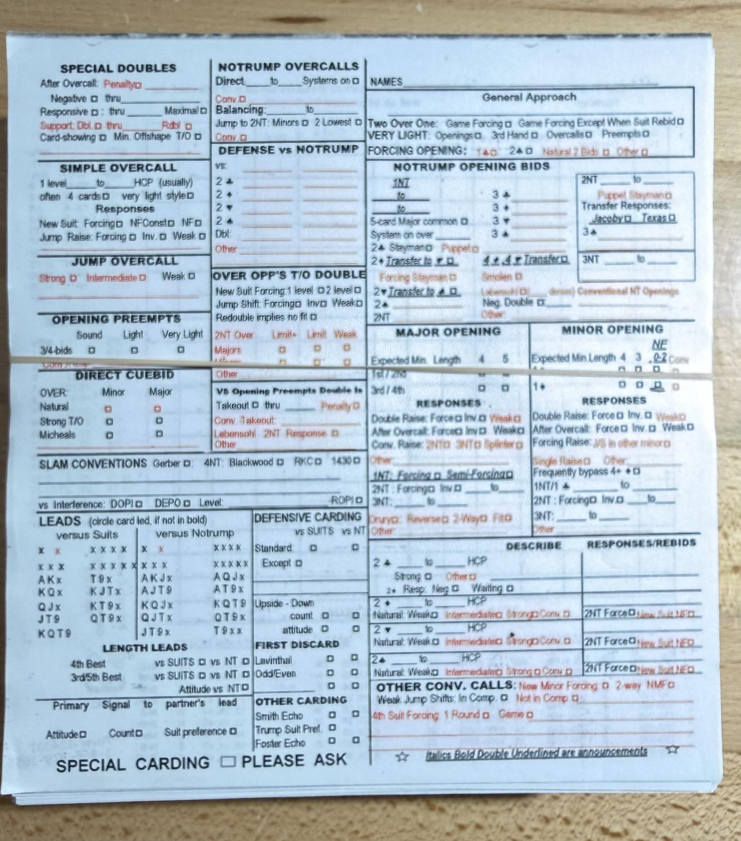Convention Cards - Form 1240T - Team  - 500 Sheets - Two Color Red and Black